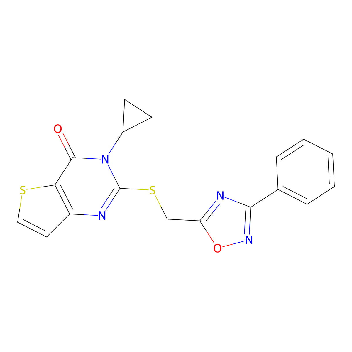 3-cyclopropyl-2-{[(3-phenyl-1,2,4-oxadiazol-5-yl)methyl]sulfanyl}-3H,4H-thieno[3,2-d]pyrimidin-4-one molecular structure, CAS 1040674-40-5