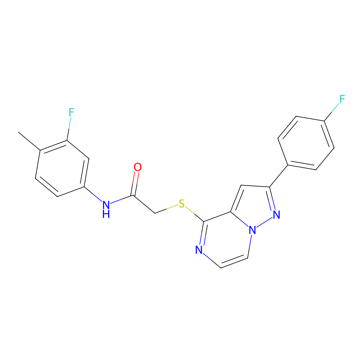 N-(3-fluoro-4-methylphenyl)-2-{[2-(4-fluorophenyl)pyrazolo[1,5-a]pyrazin-4-yl]sulfanyl}acetamide molecular structure, CAS 1040674-49-4