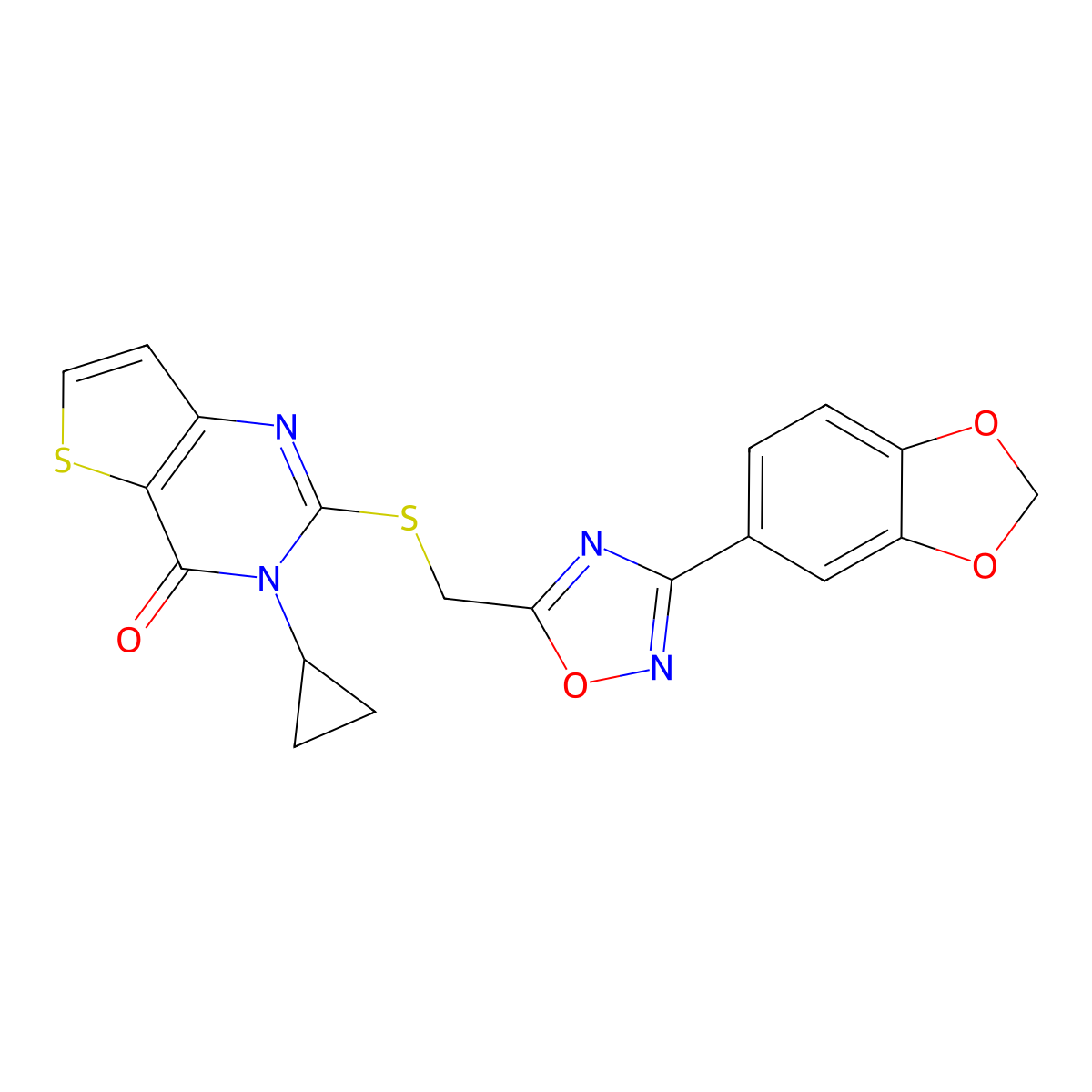 2-({[3-(2H-1,3-benzodioxol-5-yl)-1,2,4-oxadiazol-5-yl]methyl}sulfanyl)-3-cyclopropyl-3H,4H-thieno[3,2-d]pyrimidin-4-one molecular structure, CAS 1040674-56-3