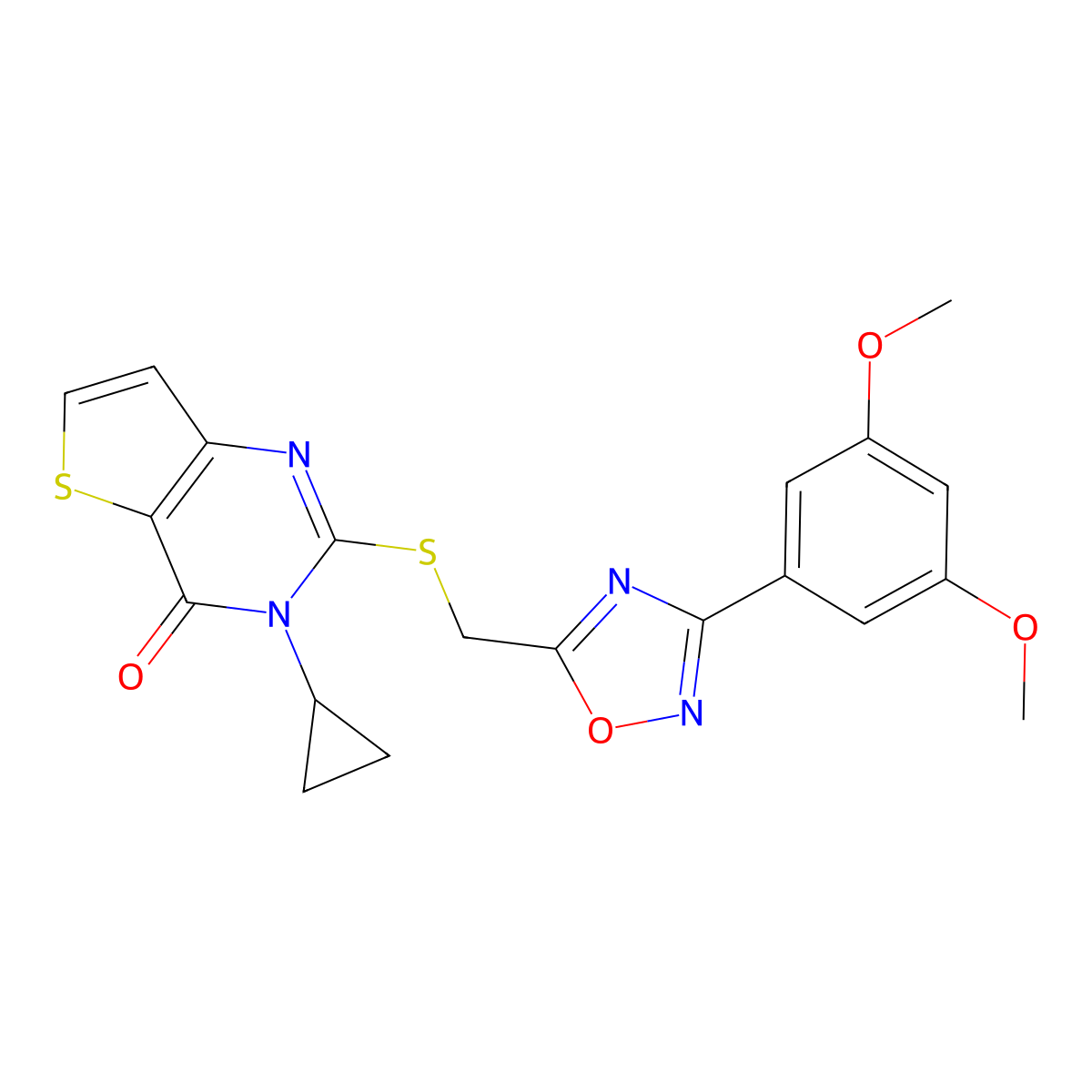 3-cyclopropyl-2-({[3-(3,5-dimethoxyphenyl)-1,2,4-oxadiazol-5-yl]methyl}sulfanyl)-3H,4H-thieno[3,2-d]pyrimidin-4-one molecular structure, CAS 1040674-72-3