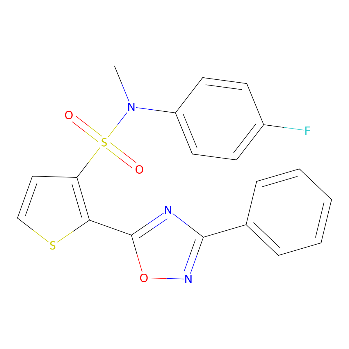 N-(4-fluorophenyl)-N-methyl-2-(3-phenyl-1,2,4-oxadiazol-5-yl)thiophene-3-sulfonamide molecular structure, CAS 1040674-83-6
