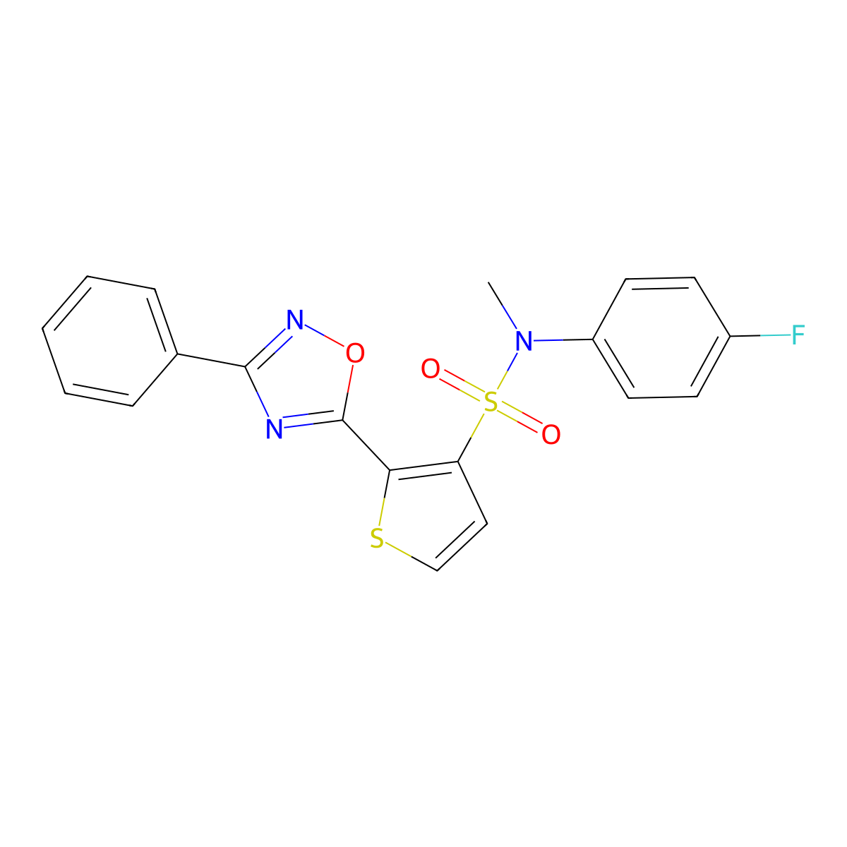N-(4-fluorophenyl)-N-methyl-2-(3-phenyl-1,2,4-oxadiazol-5-yl)thiophene-3-sulfonamide molecular structure, CAS 1040674-83-6