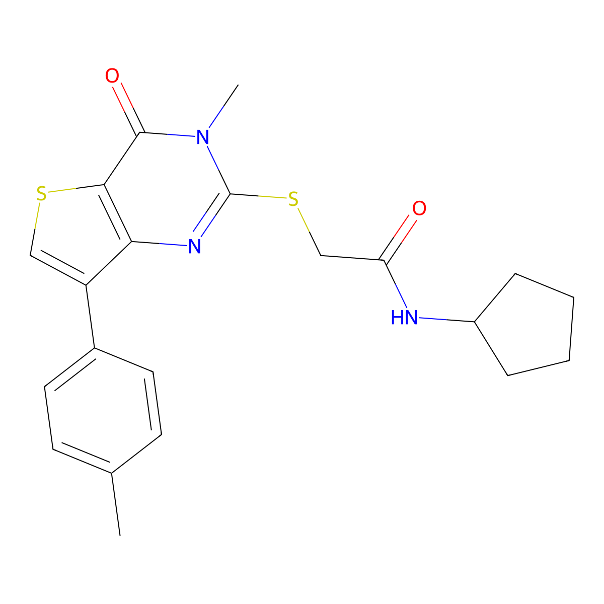 N-cyclopentyl-2-{[3-methyl-7-(4-methylphenyl)-4-oxo-3H,4H-thieno[3,2-d]pyrimidin-2-yl]sulfanyl}acetamide molecular structure, CAS 1040675-11-3