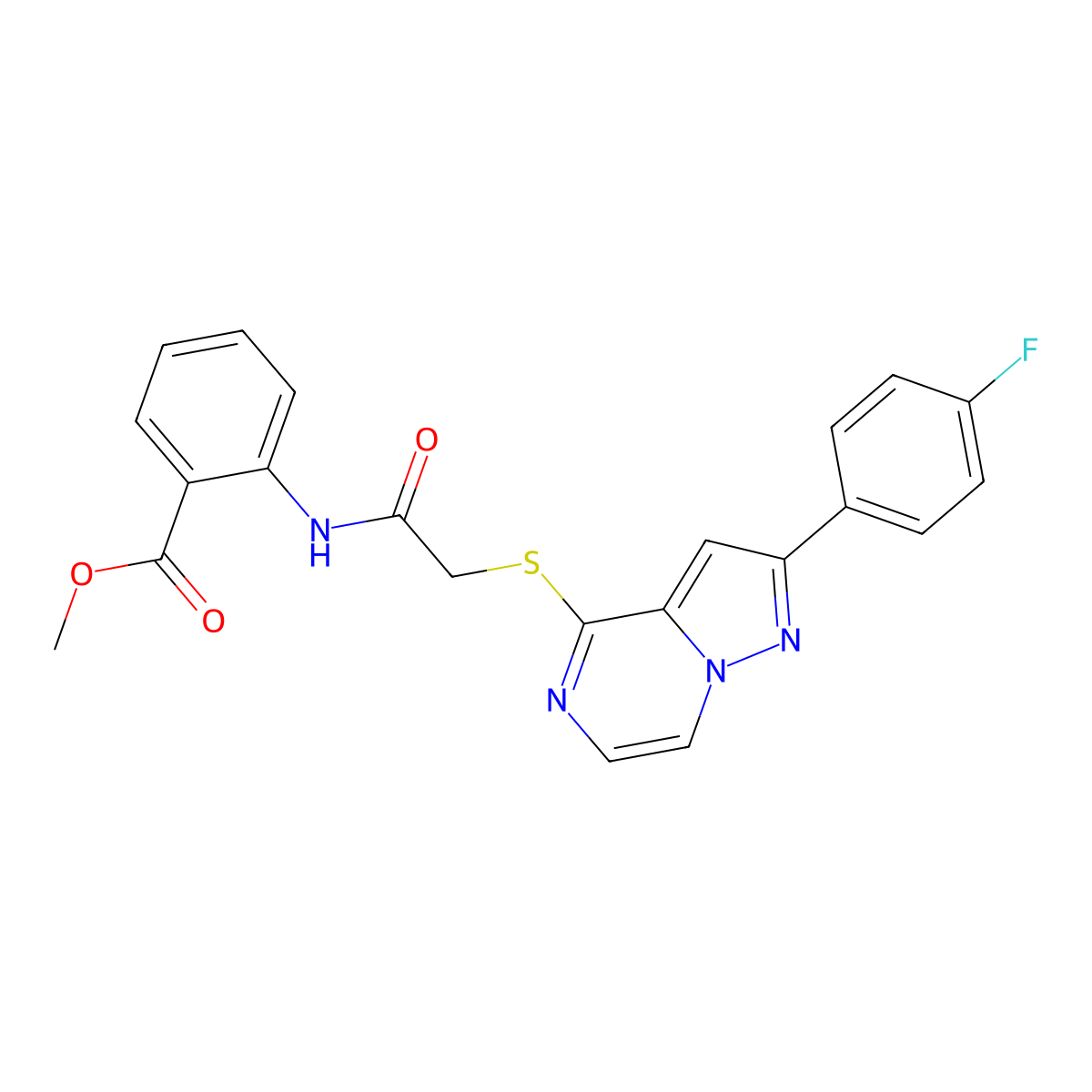 Methyl 2-[({[2-(4-fluorophenyl)pyrazolo[1,5-a]pyrazin-4-yl]thio}acetyl)amino]benzoate molecular structure, CAS 1040675-16-8