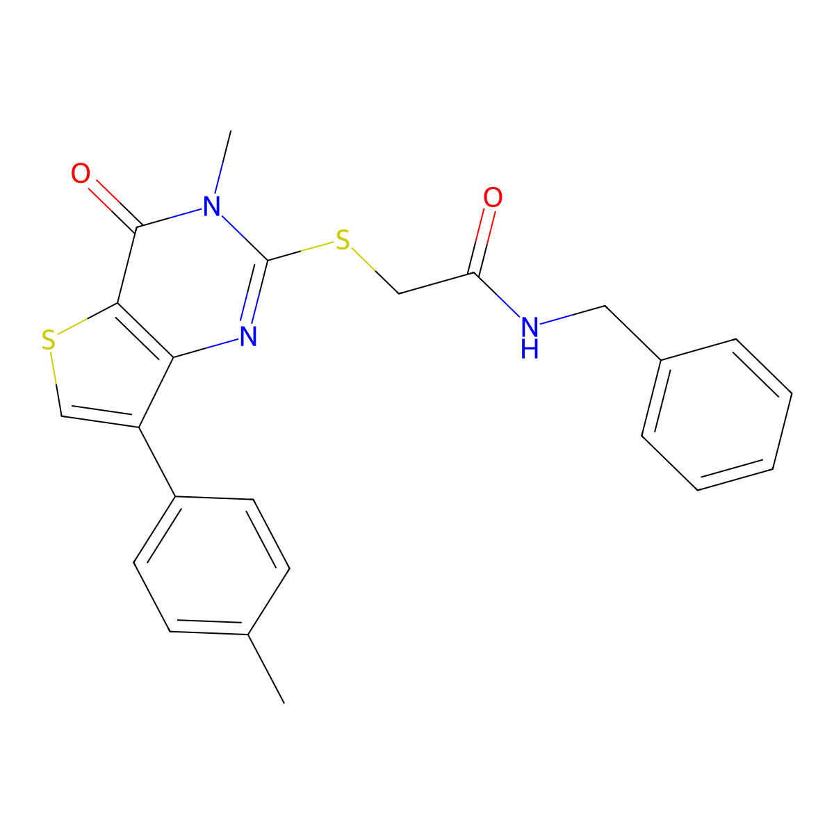 N-benzyl-2-{[3-methyl-7-(4-methylphenyl)-4-oxo-3,4-dihydrothieno[3,2-d]pyrimidin-2-yl]sulfanyl}acetamide molecular structure, CAS 1040675-18-0