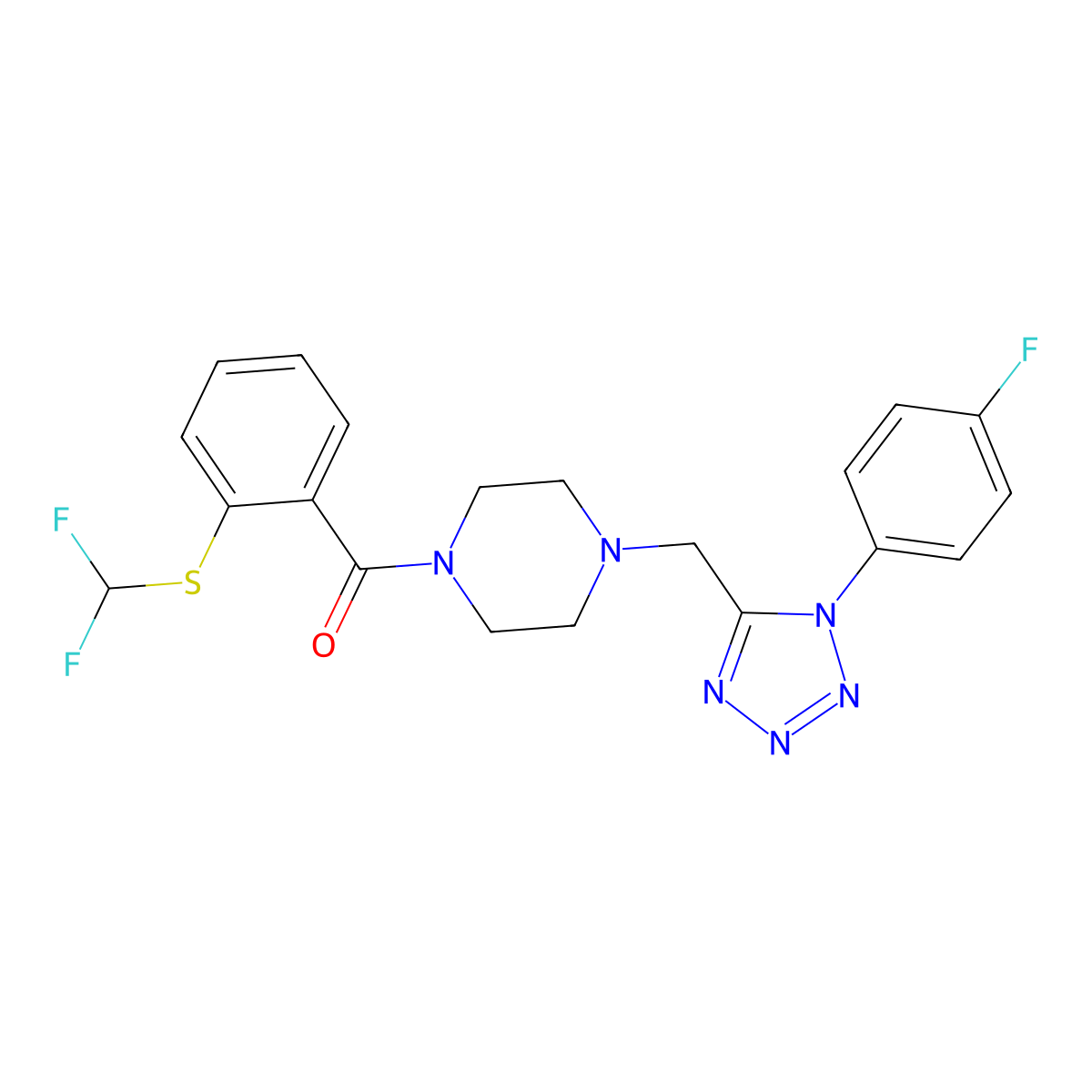 (2-((difluoromethyl)thio)phenyl)(4-((1-(4-fluorophenyl)-1H-tetrazol-5-yl)methyl)piperazin-1-yl)methanone molecular structure, CAS 1040675-43-1