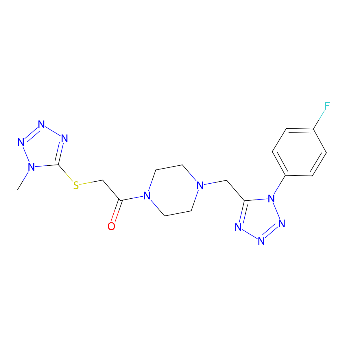 1-(4-((1-(4-fluorophenyl)-1H-tetrazol-5-yl)methyl)piperazin-1-yl)-2-((1-methyl-1H-tetrazol-5-yl)thio)ethanone molecular structure, CAS 1040675-71-5