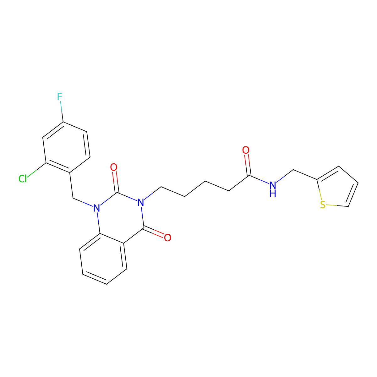 5-{1-[(2-chloro-4-fluorophenyl)methyl]-2,4-dioxo-1,2,3,4-tetrahydroquinazolin-3-yl}-N-[(thiophen-2-yl)methyl]pentanamide molecular structure, CAS 1040675-75-9