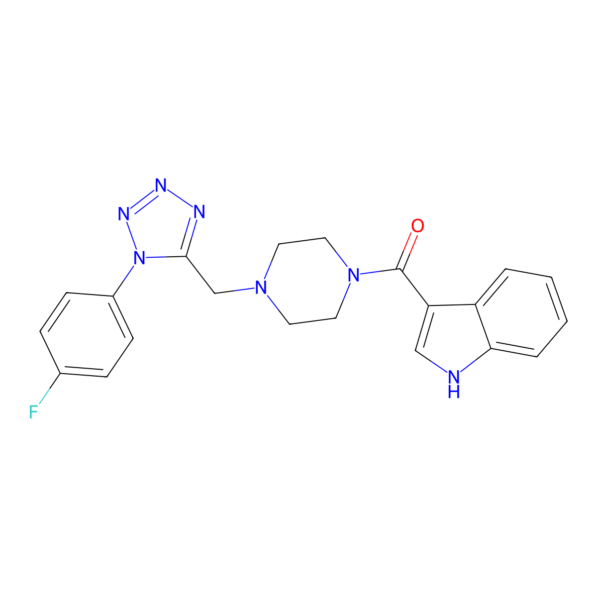 (4-((1-(4-fluorophenyl)-1H-tetrazol-5-yl)methyl)piperazin-1-yl)(1H-indol-3-yl)methanone molecular structure, CAS 1040675-85-1