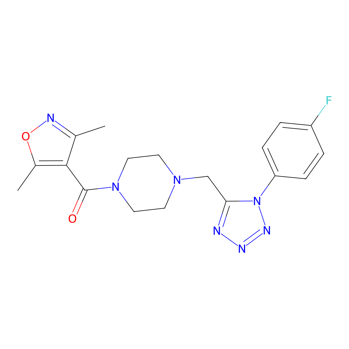(3,5-dimethylisoxazol-4-yl)(4-((1-(4-fluorophenyl)-1H-tetrazol-5-yl)methyl)piperazin-1-yl)methanone molecular structure, CAS 1040675-92-0