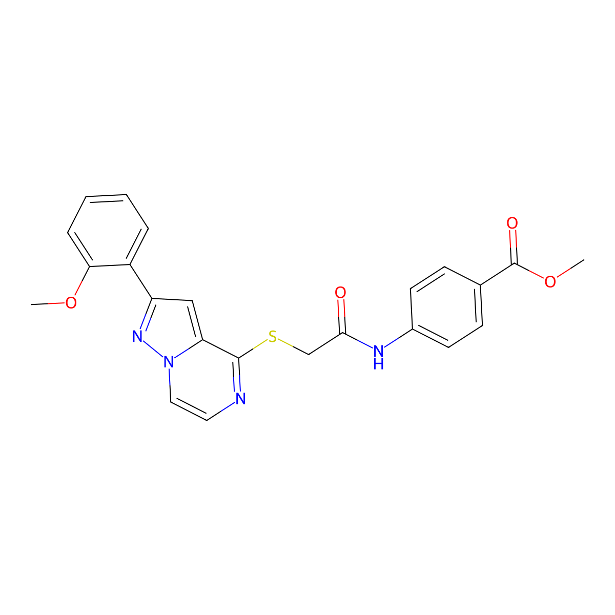 Methyl 4-(2-{[2-(2-methoxyphenyl)pyrazolo[1,5-A]pyrazin-4-YL]sulfanyl}acetamido)benzoate molecular structure, CAS 1040676-08-1