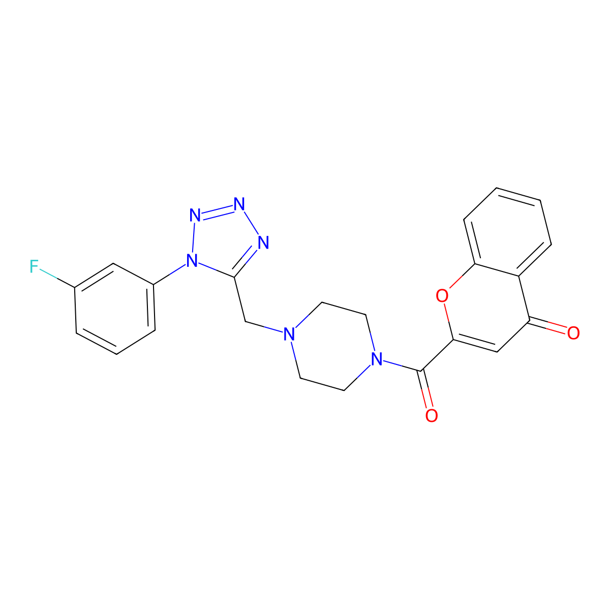 2-(4-((1-(3-fluorophenyl)-1H-tetrazol-5-yl)methyl)piperazine-1-carbonyl)-4H-chromen-4-one molecular structure, CAS 1040676-20-7