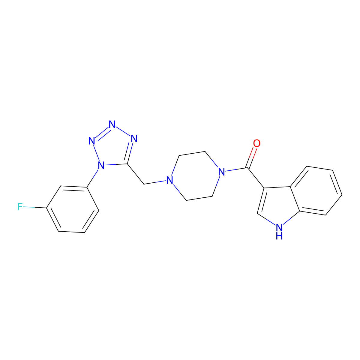 (4-((1-(3-fluorophenyl)-1H-tetrazol-5-yl)methyl)piperazin-1-yl)(1H-indol-3-yl)methanone molecular structure, CAS 1040676-27-4