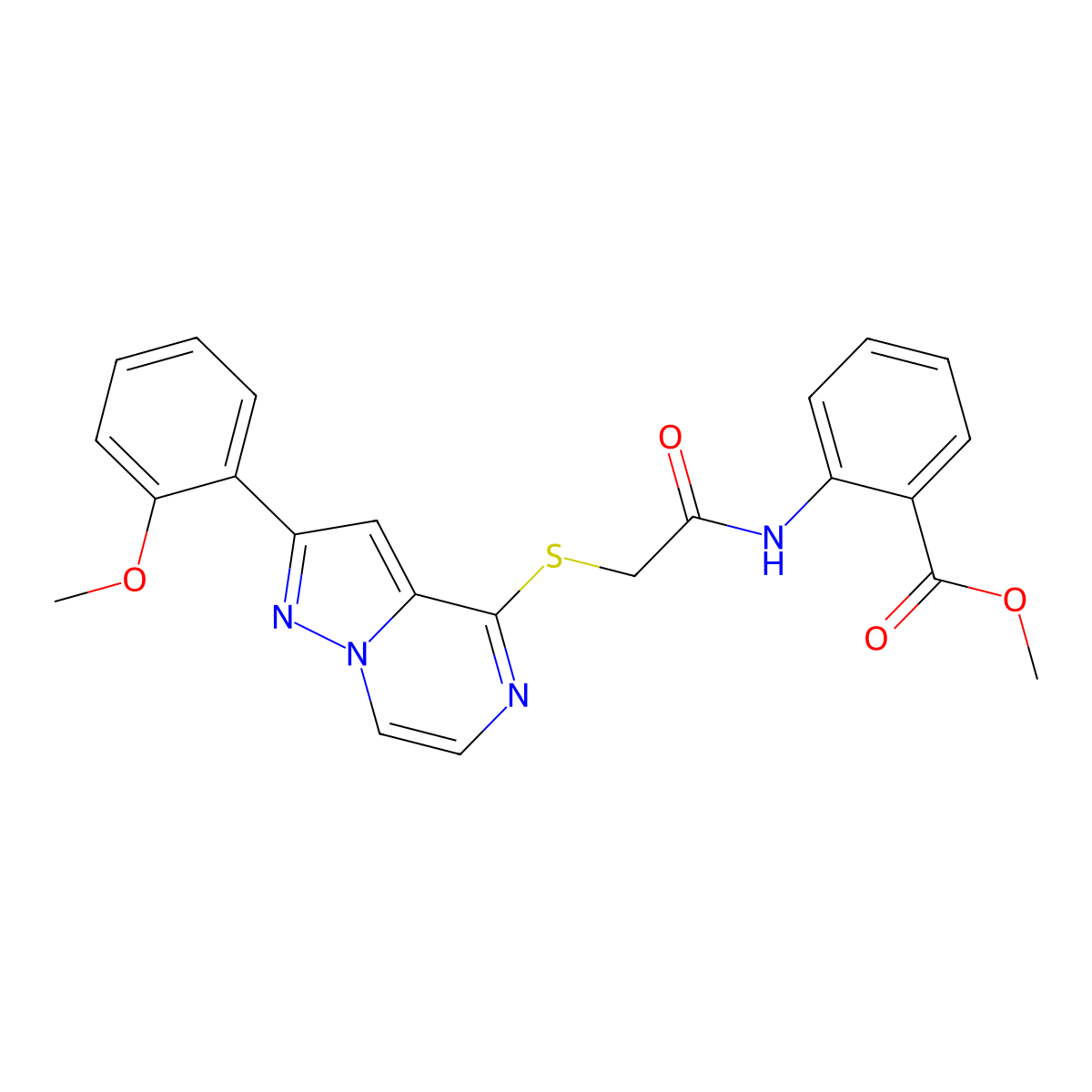 Methyl 2-(2-{[2-(2-methoxyphenyl)pyrazolo[1,5-A]pyrazin-4-YL]sulfanyl}acetamido)benzoate molecular structure, CAS 1040676-29-6