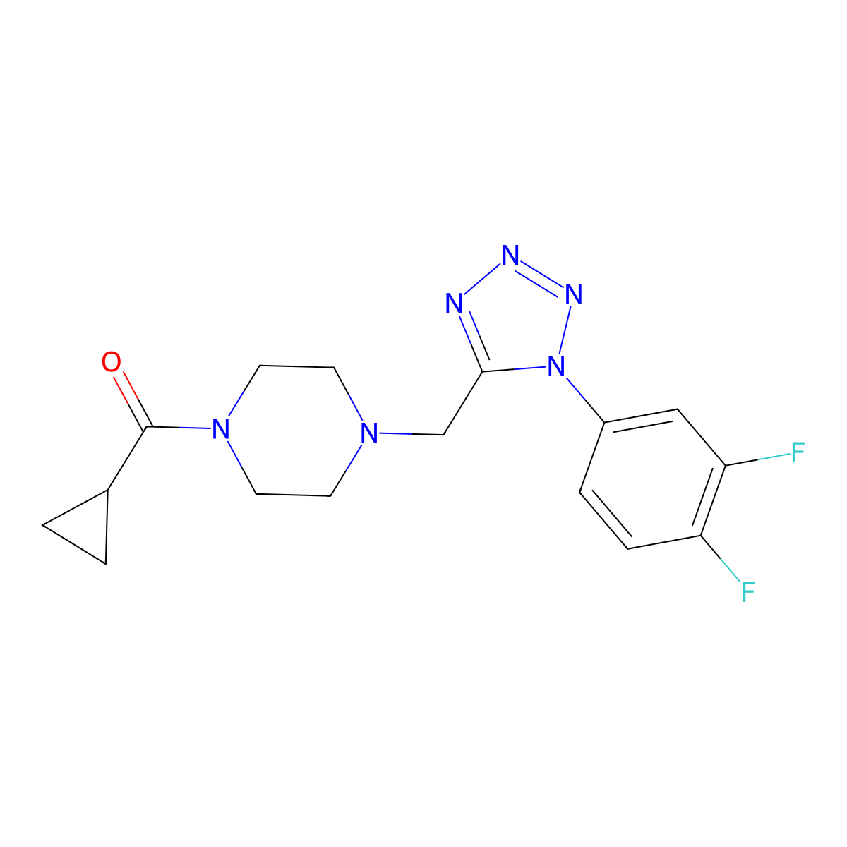 1-cyclopropanecarbonyl-4-{[1-(3,4-difluorophenyl)-1H-1,2,3,4-tetrazol-5-yl]methyl}piperazine molecular structure, CAS 1040676-47-8