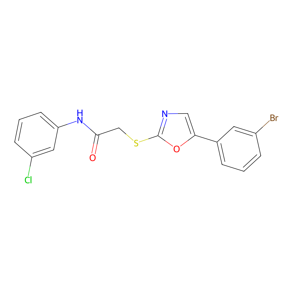 2-((5-(3-bromophenyl)oxazol-2-yl)thio)-N-(3-chlorophenyl)acetamide molecular structure, CAS 1040676-85-4