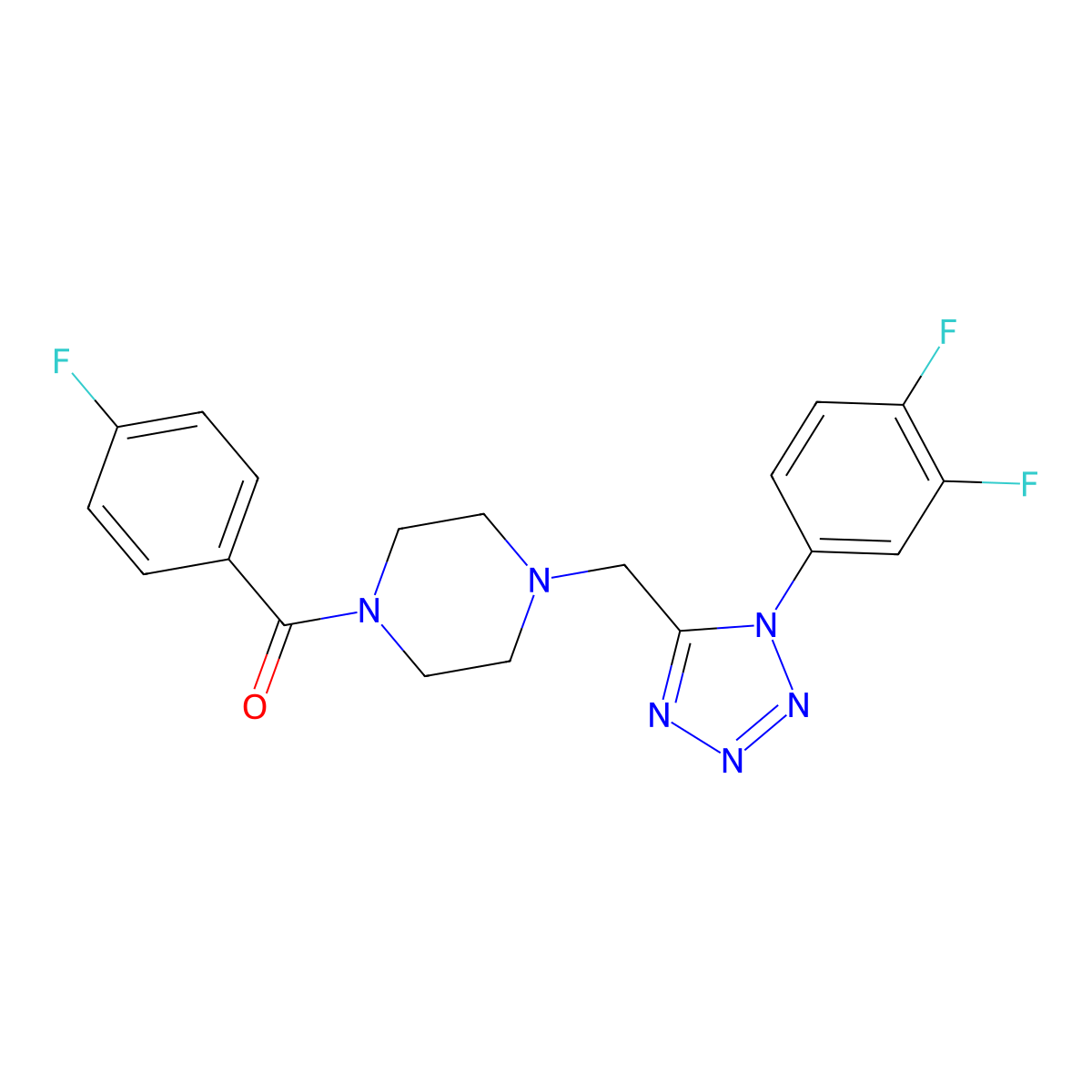(4-((1-(3,4-difluorophenyl)-1H-tetrazol-5-yl)methyl)piperazin-1-yl)(4-fluorophenyl)methanone molecular structure, CAS 1040676-89-8