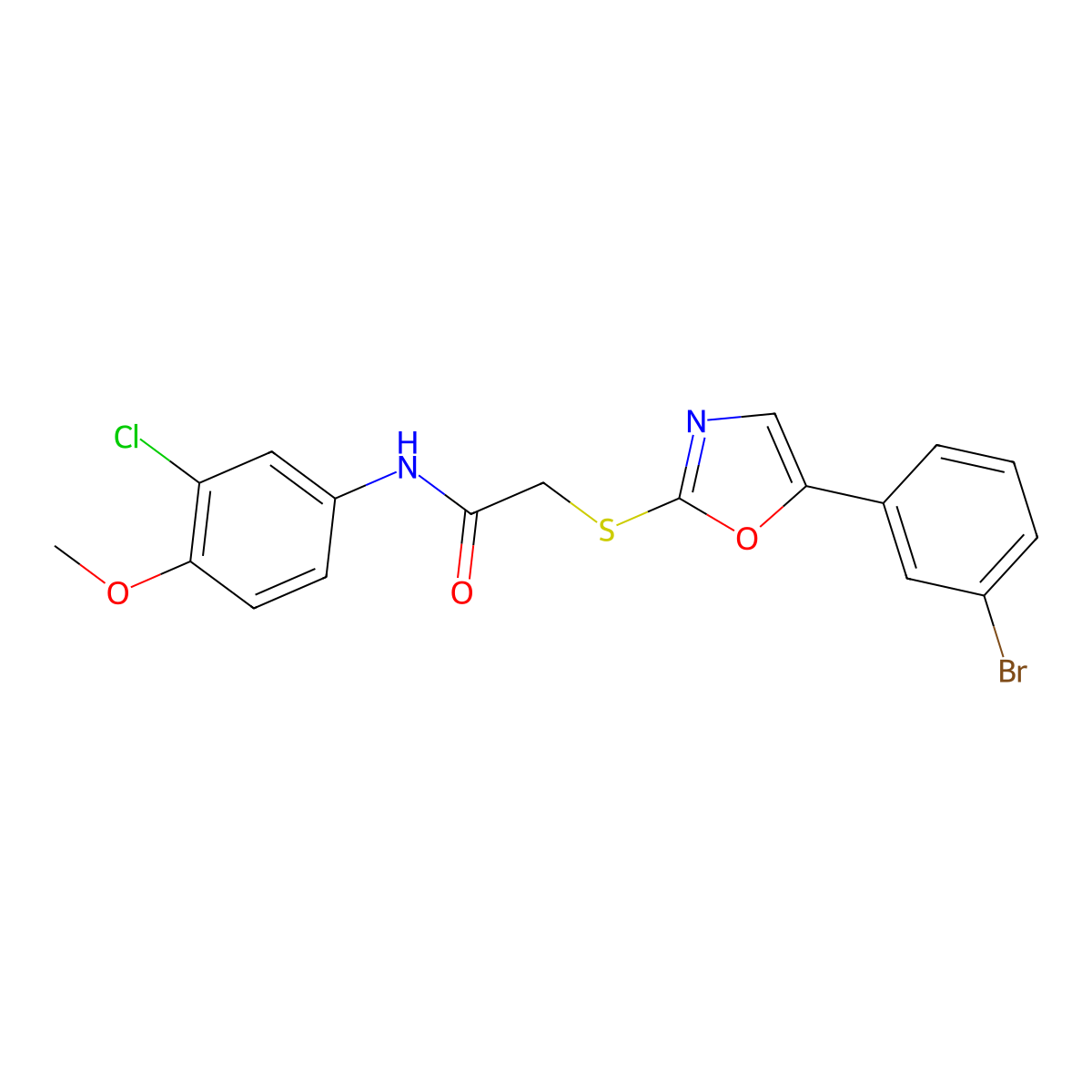 2-((5-(3-bromophenyl)oxazol-2-yl)thio)-N-(3-chloro-4-methoxyphenyl)acetamide molecular structure, CAS 1040676-91-2