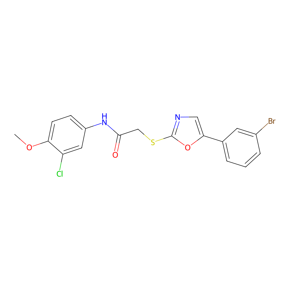 2-((5-(3-bromophenyl)oxazol-2-yl)thio)-N-(3-chloro-4-methoxyphenyl)acetamide molecular structure, CAS 1040676-91-2