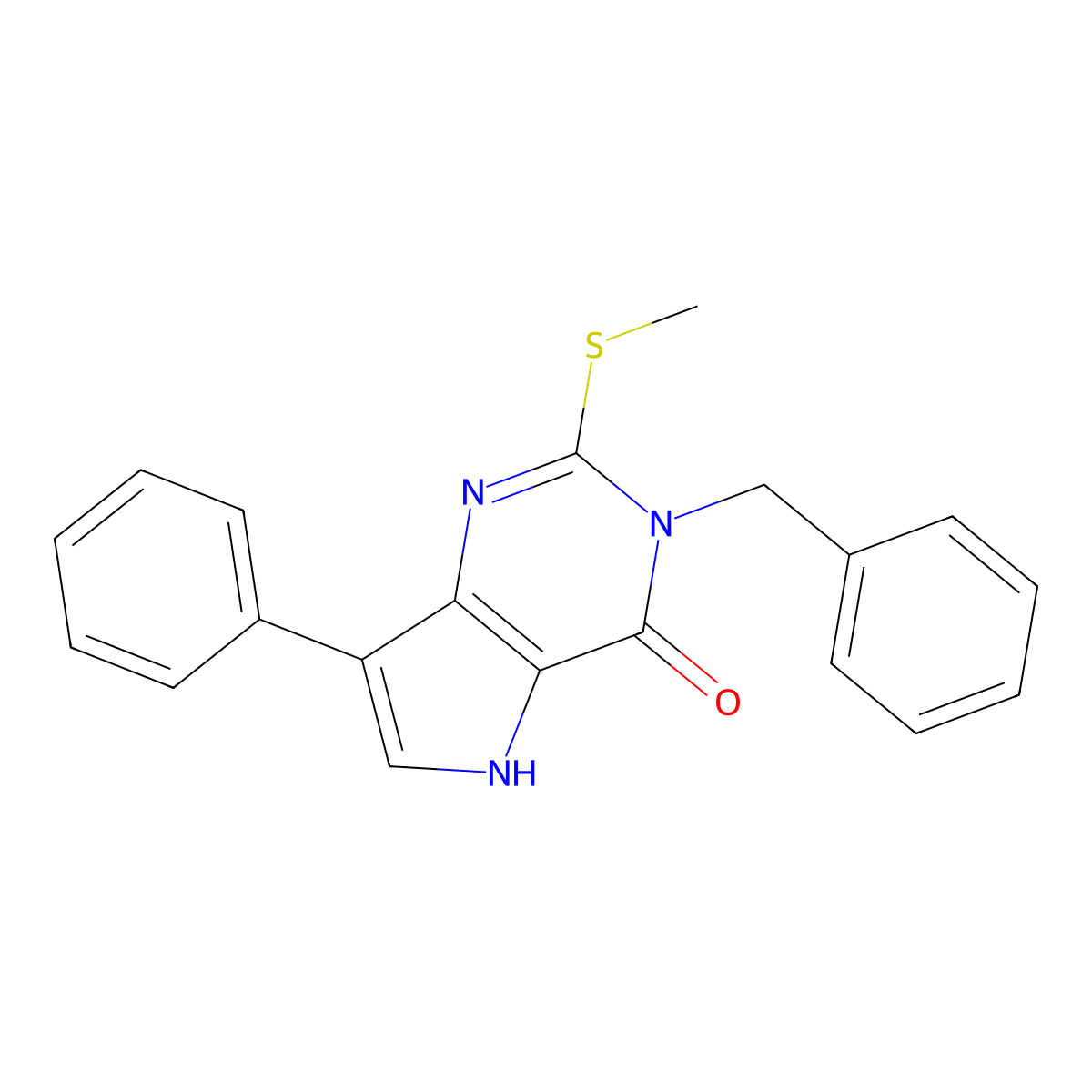 3-benzyl-2-(methylsulfanyl)-7-phenyl-3H,4H,5H-pyrrolo[3,2-d]pyrimidin-4-one molecular structure, CAS 1040677-18-6
