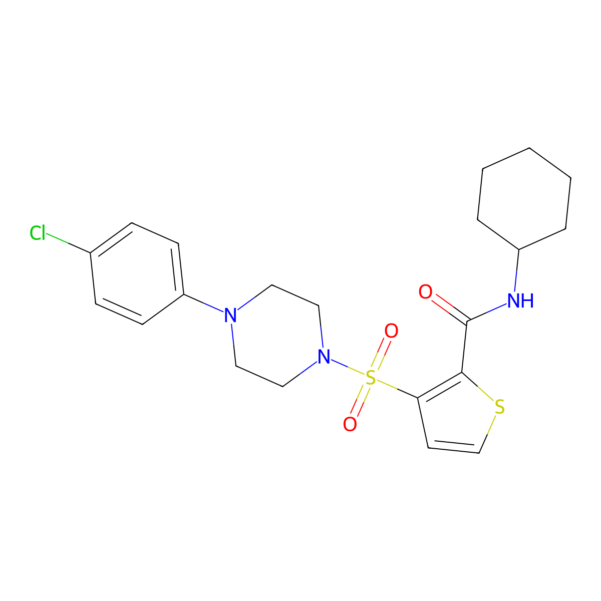 3-{[4-(4-chlorophenyl)piperazin-1-yl]sulfonyl}-N-cyclohexylthiophene-2-carboxamide molecular structure, CAS 1040677-26-6