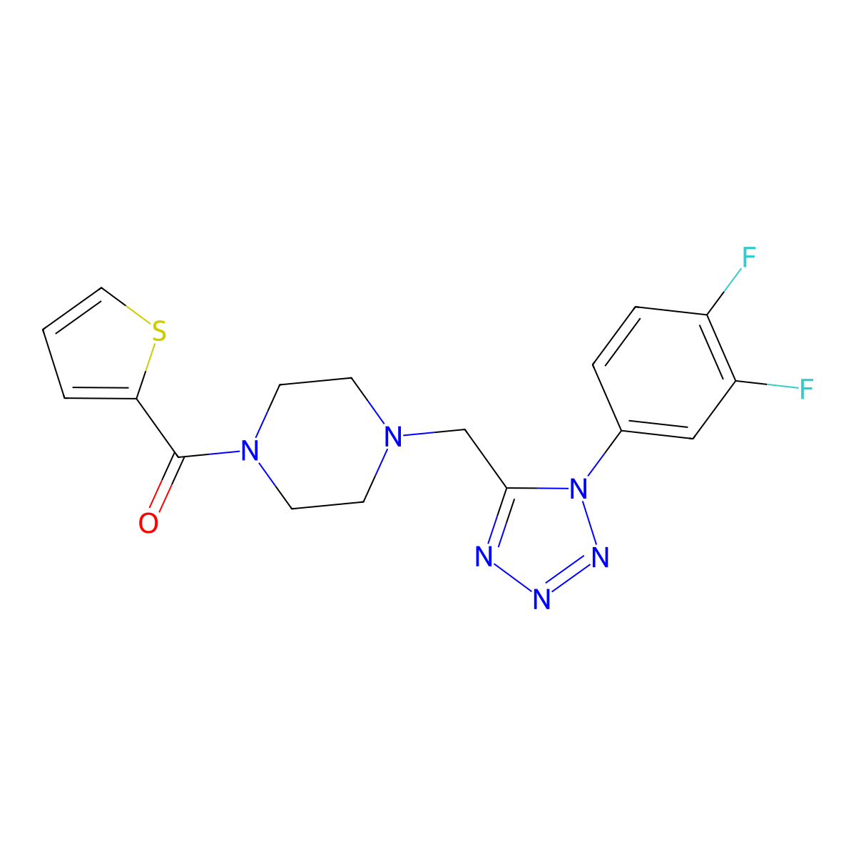 (4-((1-(3,4-difluorophenyl)-1H-tetrazol-5-yl)methyl)piperazin-1-yl)(thiophen-2-yl)methanone molecular structure, CAS 1040677-61-9