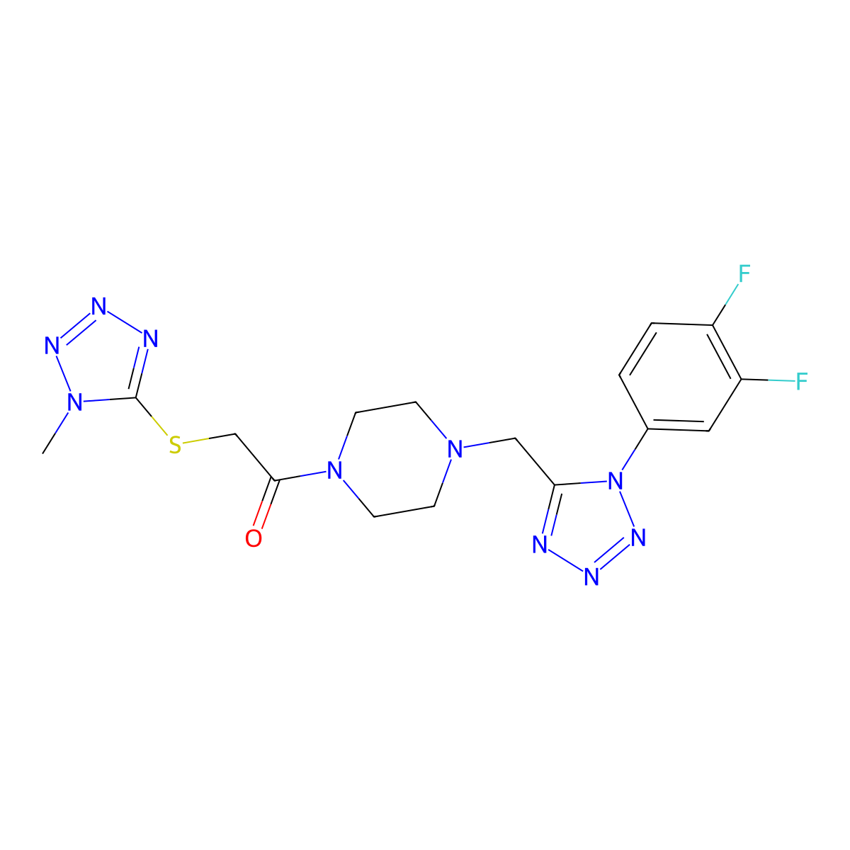 1-(4-((1-(3,4-difluorophenyl)-1H-tetrazol-5-yl)methyl)piperazin-1-yl)-2-((1-methyl-1H-tetrazol-5-yl)thio)ethanone molecular structure, CAS 1040677-82-4