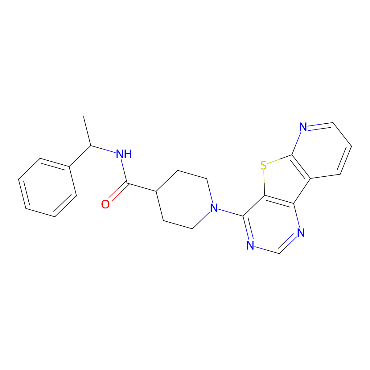 N-(1-phenylethyl)-1-{8-thia-3,5,10-triazatricyclo[7.4.0.0^{2,7}]trideca-1(13),2(7),3,5,9,11-hexaen-6-yl}piperidine-4-carboxamide molecular structure, CAS 1040677-83-5