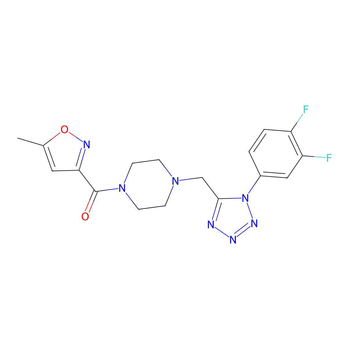 (4-((1-(3,4-difluorophenyl)-1H-tetrazol-5-yl)methyl)piperazin-1-yl)(5-methylisoxazol-3-yl)methanone molecular structure, CAS 1040677-86-8