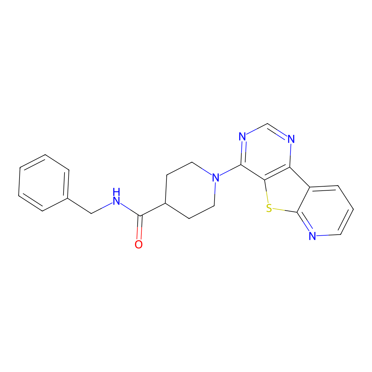 N-benzyl-1-{8-thia-3,5,10-triazatricyclo[7.4.0.0^{2,7}]trideca-1(13),2(7),3,5,9,11-hexaen-6-yl}piperidine-4-carboxamide molecular structure, CAS 1040677-87-9
