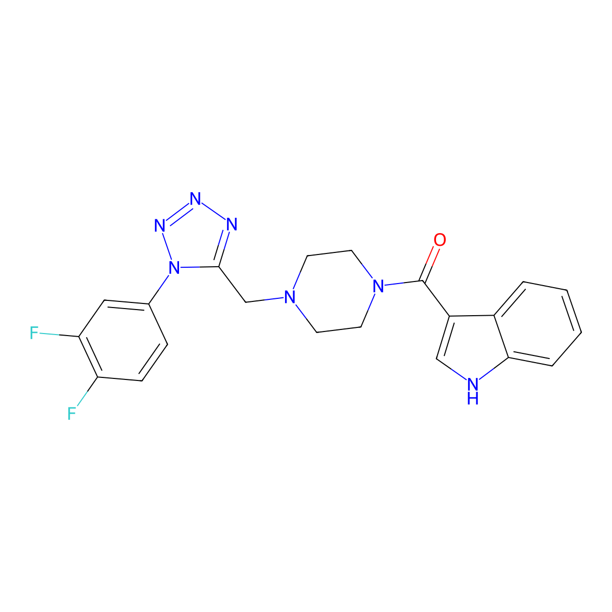 (4-((1-(3,4-difluorophenyl)-1H-tetrazol-5-yl)methyl)piperazin-1-yl)(1H-indol-3-yl)methanone molecular structure, CAS 1040677-90-4