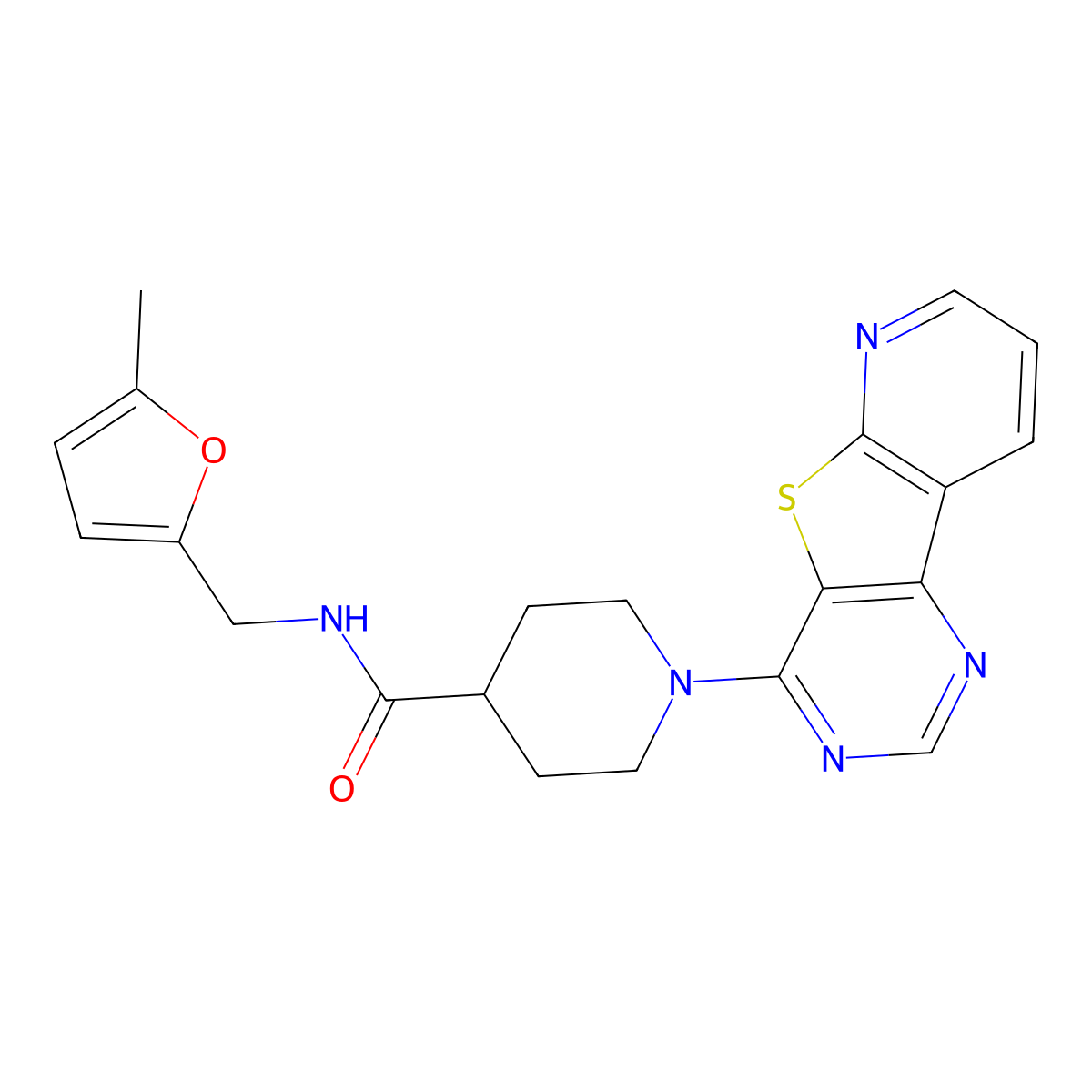 N-[(5-methylfuran-2-yl)methyl]-1-{8-thia-3,5,10-triazatricyclo[7.4.0.0^{2,7}]trideca-1(13),2(7),3,5,9,11-hexaen-6-yl}piperidine-4-carboxamide molecular structure, CAS 1040677-99-3