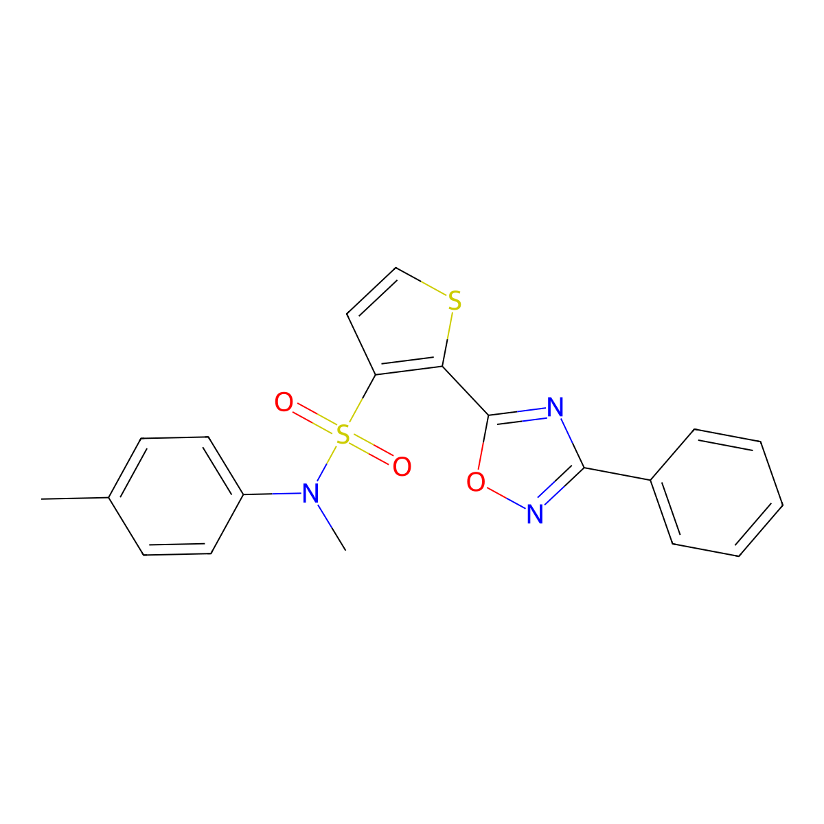 N-methyl-N-(4-methylphenyl)-2-(3-phenyl-1,2,4-oxadiazol-5-yl)thiophene-3-sulfonamide molecular structure, CAS 1040678-12-3