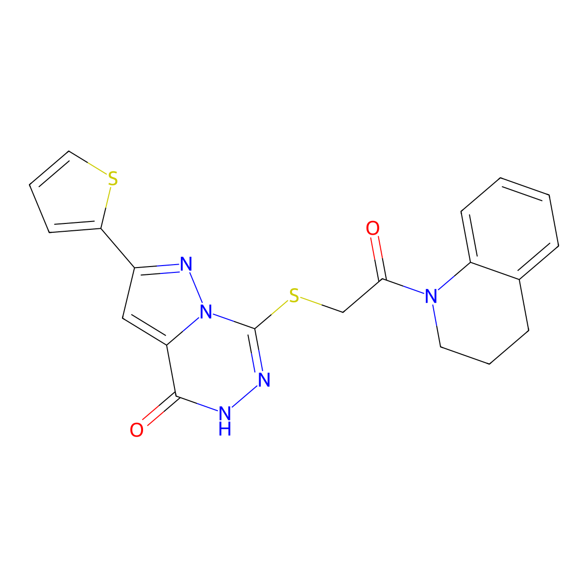 7-{[2-oxo-2-(1,2,3,4-tetrahydroquinolin-1-yl)ethyl]sulfanyl}-2-(thiophen-2-yl)-4H,5H-pyrazolo[1,5-d][1,2,4]triazin-4-one molecular structure, CAS 1040678-35-0