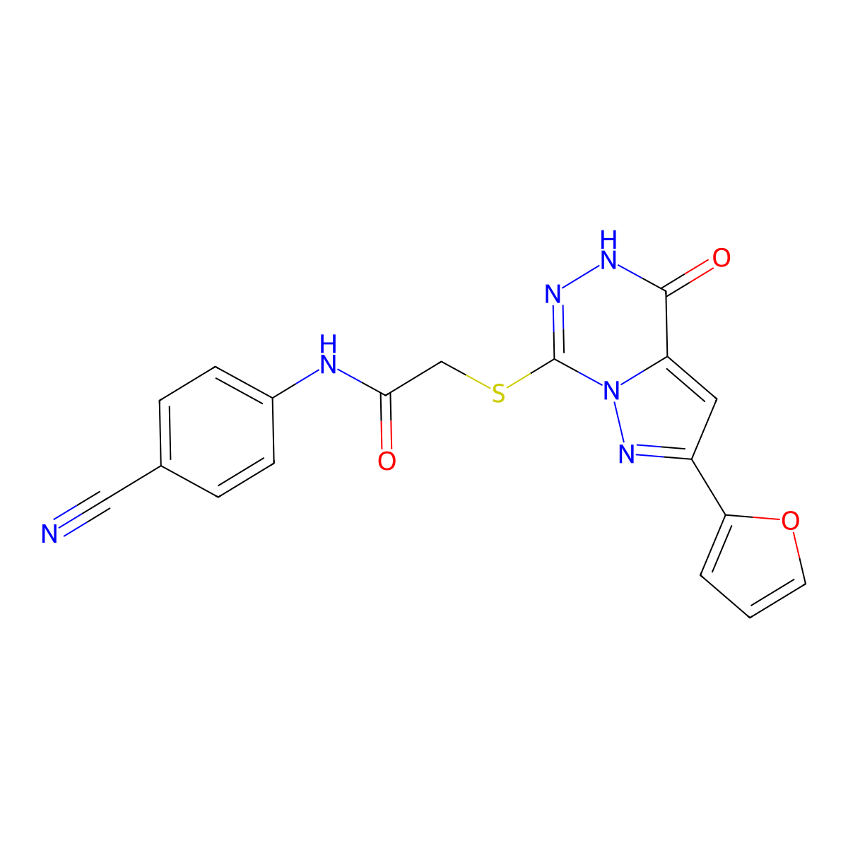 N-(4-cyanophenyl)-2-((8-(furan-2-yl)-(oxo)dihydropyrazolo[1,5-d][1,2,4]triazin-2-yl)thio)acetamide molecular structure, CAS 1040678-39-4