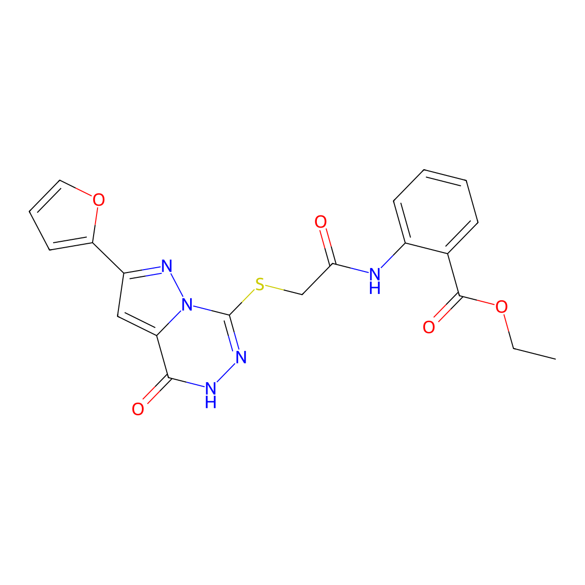 ethyl 2-(2-{[2-(furan-2-yl)-4-oxo-4H,5H-pyrazolo[1,5-d][1,2,4]triazin-7-yl]sulfanyl}acetamido)benzoate molecular structure, CAS 1040678-43-0