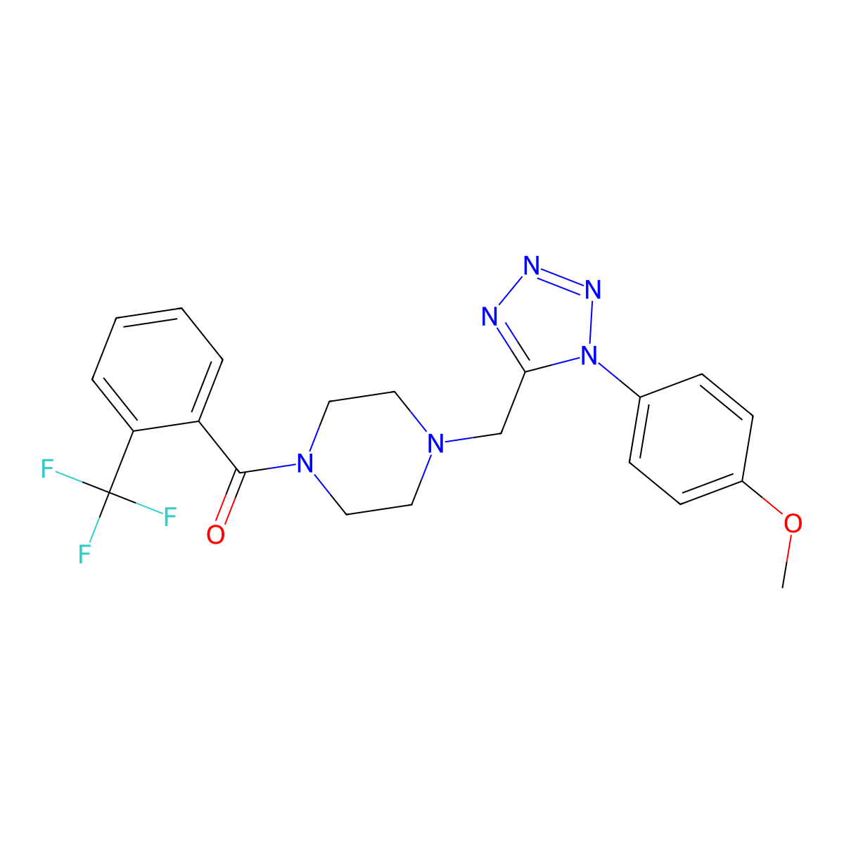 (4-((1-(4-methoxyphenyl)-1H-tetrazol-5-yl)methyl)piperazin-1-yl)(2-(trifluoromethyl)phenyl)methanone molecular structure, CAS 1040678-45-2