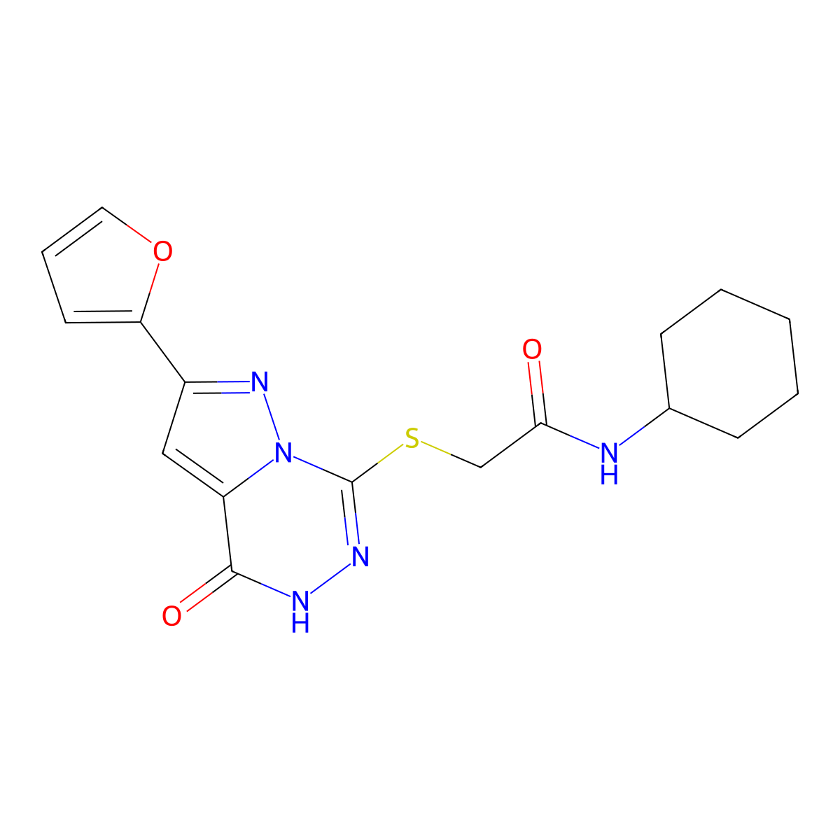 N-cyclohexyl-2-{[2-(furan-2-yl)-4-oxo-4H,5H-pyrazolo[1,5-d][1,2,4]triazin-7-yl]sulfanyl}acetamide molecular structure, CAS 1040678-55-4