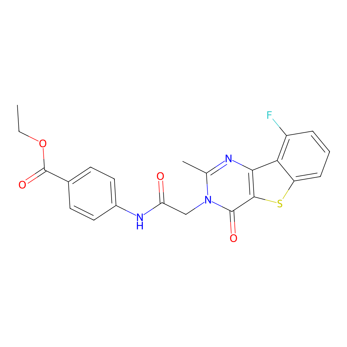 ethyl 4-{[(9-fluoro-2-methyl-4-oxo[1]benzothieno[3,2-d]pyrimidin-3(4H)-yl)acetyl]amino}benzoate molecular structure, CAS 1040678-71-4