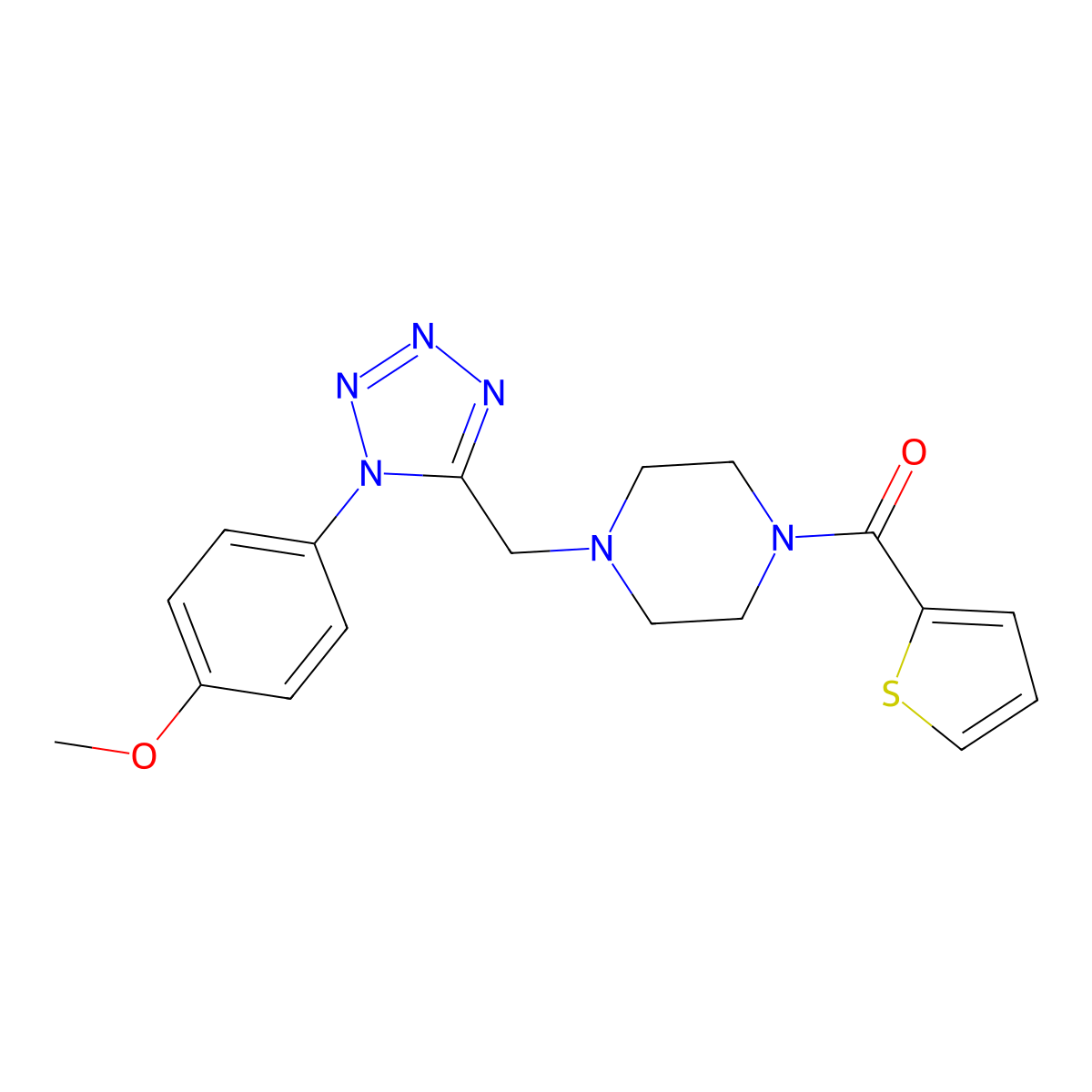 (4-((1-(4-methoxyphenyl)-1H-tetrazol-5-yl)methyl)piperazin-1-yl)(thiophen-2-yl)methanone molecular structure, CAS 1040678-99-6