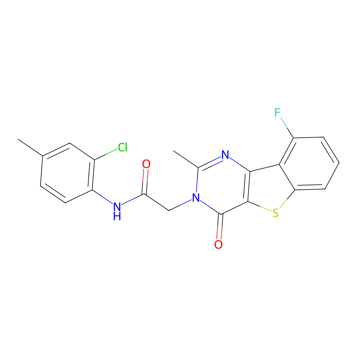 N-(2-chloro-4-methylphenyl)-2-{13-fluoro-4-methyl-6-oxo-8-thia-3,5-diazatricyclo[7.4.0.0^{2,7}]trideca-1(13),2(7),3,9,11-pentaen-5-yl}acetamide molecular structure, CAS 1040679-00-2