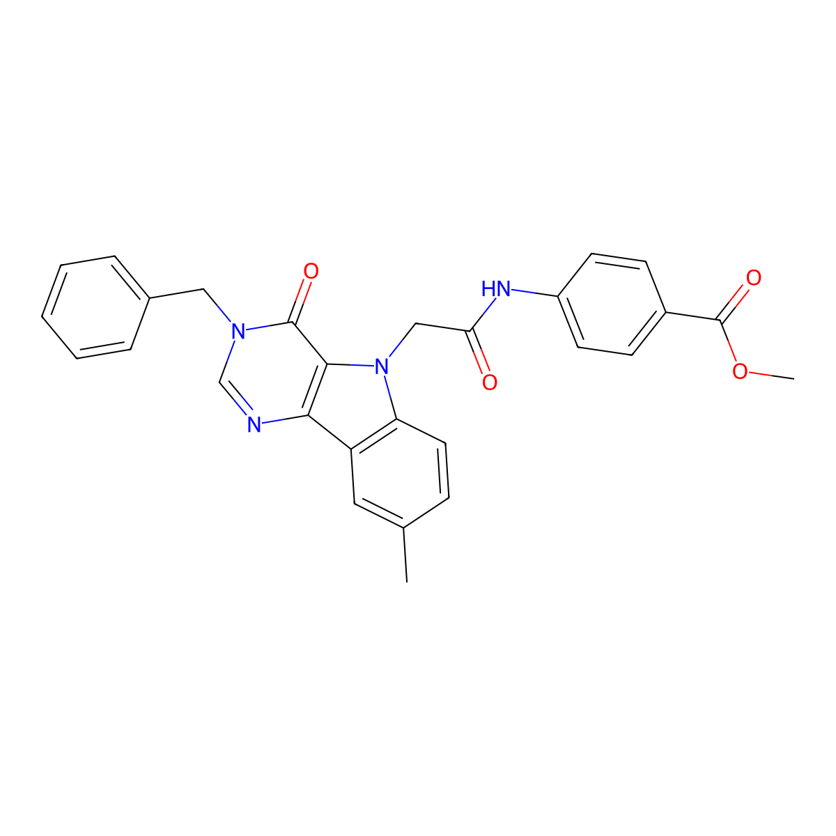methyl 4-(2-{3-benzyl-8-methyl-4-oxo-3H,4H,5H-pyrimido[5,4-b]indol-5-yl}acetamido)benzoate molecular structure, CAS 1040679-09-1