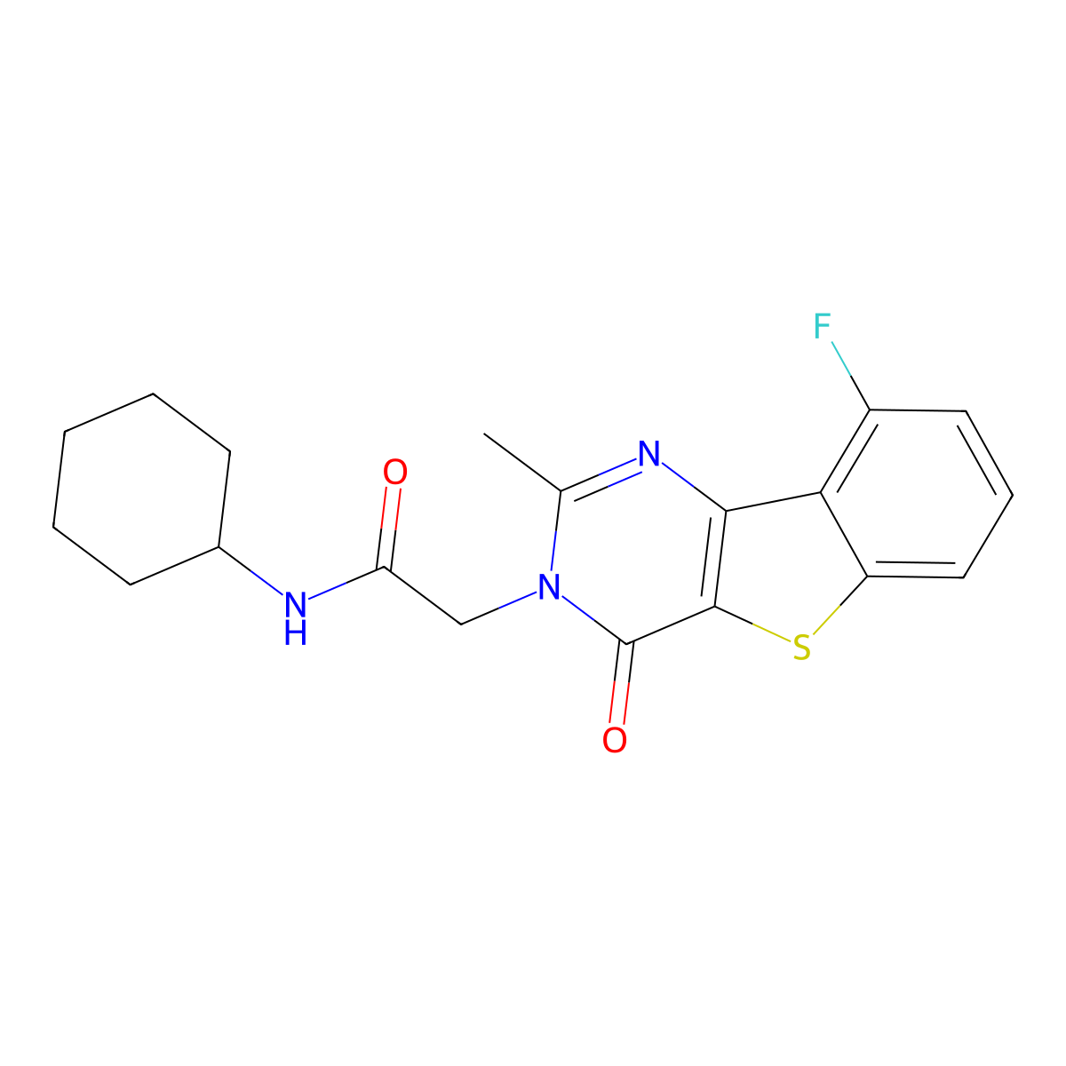 N-cyclohexyl-2-(9-fluoro-2-methyl-4-oxo[1]benzothieno[3,2-d]pyrimidin-3(4H)-yl)acetamide molecular structure, CAS 1040679-20-6