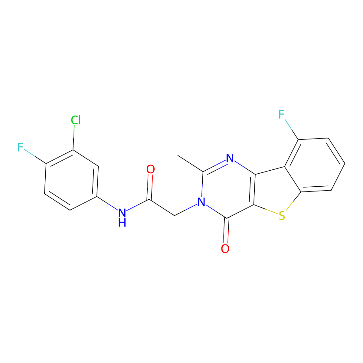N-(3-chloro-4-fluorophenyl)-2-(9-fluoro-2-methyl-4-oxo[1]benzothieno[3,2-d]pyrimidin-3(4H)-yl)acetamide molecular structure, CAS 1040679-25-1