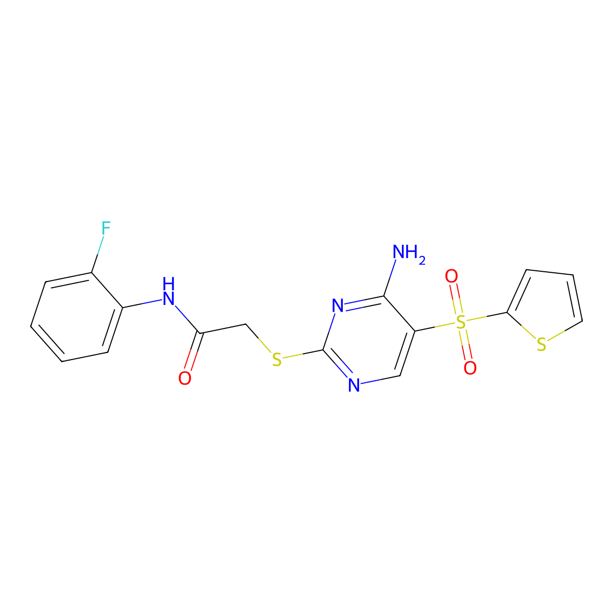 2-{[4-amino-5-(thiophene-2-sulfonyl)pyrimidin-2-yl]sulfanyl}-N-(2-fluorophenyl)acetamide molecular structure, CAS 1040679-42-2