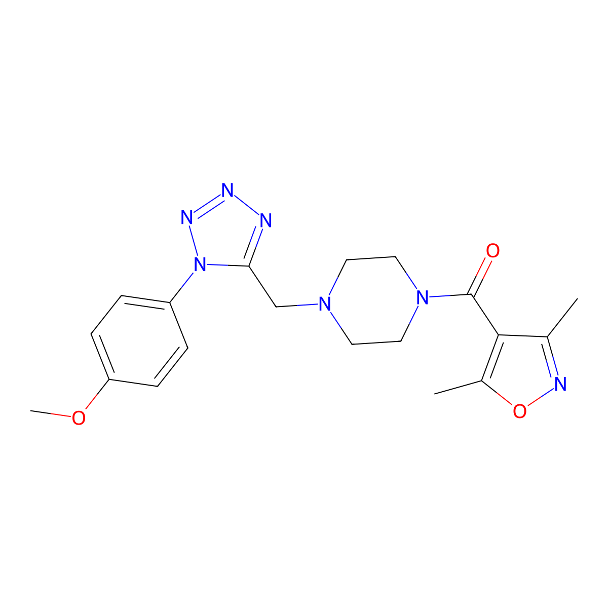 (3,5-dimethylisoxazol-4-yl)(4-((1-(4-methoxyphenyl)-1H-tetrazol-5-yl)methyl)piperazin-1-yl)methanone molecular structure, CAS 1040679-44-4