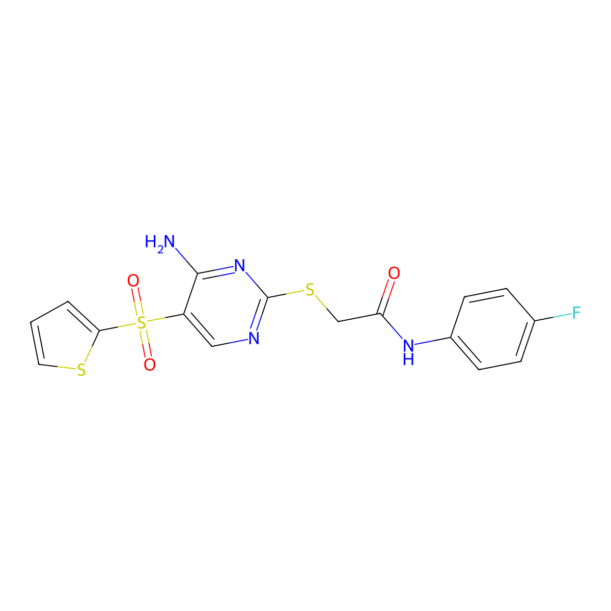 2-{[4-amino-5-(thiophene-2-sulfonyl)pyrimidin-2-yl]sulfanyl}-N-(4-fluorophenyl)acetamide molecular structure, CAS 1040679-47-7