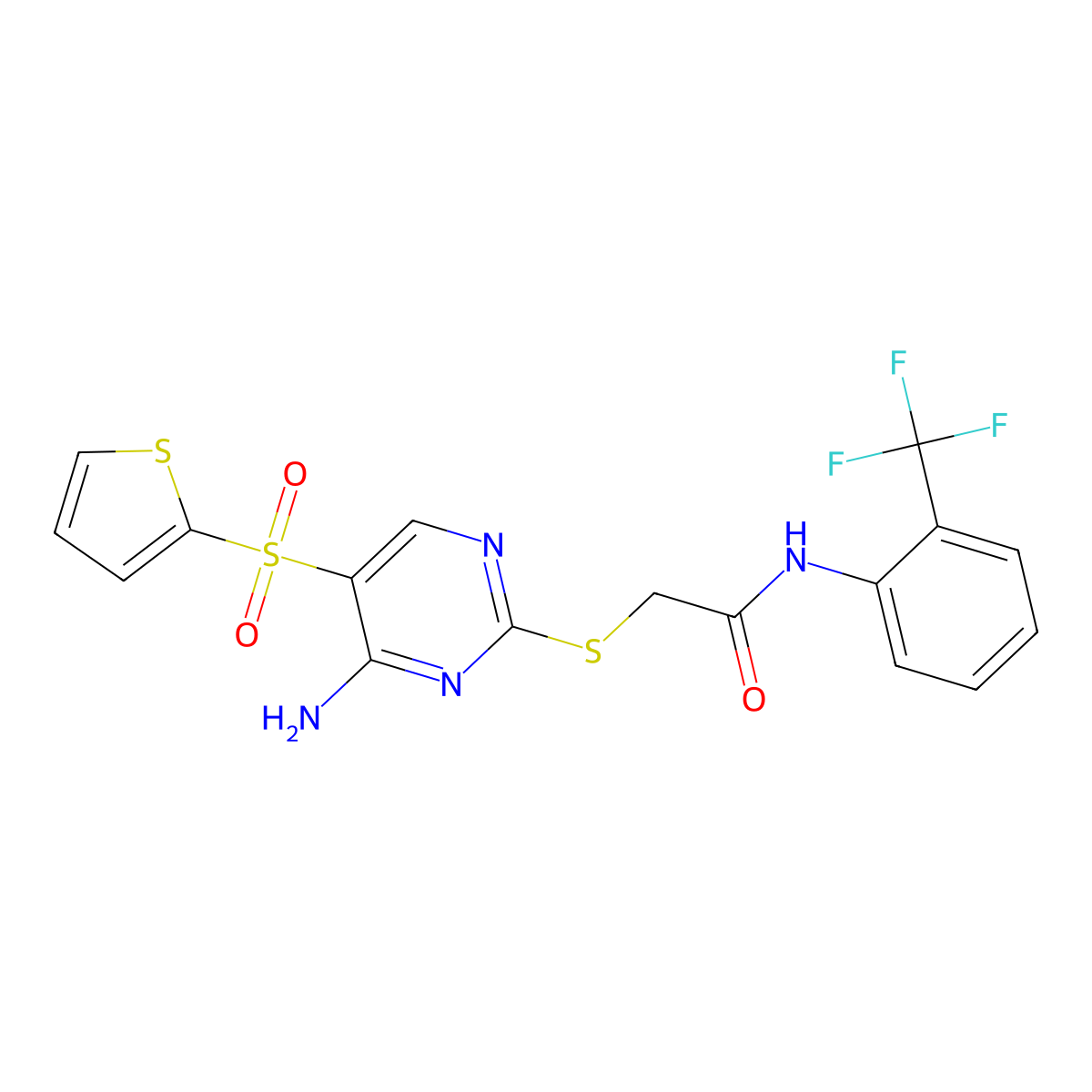 2-{[4-amino-5-(thiophene-2-sulfonyl)pyrimidin-2-yl]sulfanyl}-N-[2-(trifluoromethyl)phenyl]acetamide molecular structure, CAS 1040679-92-2