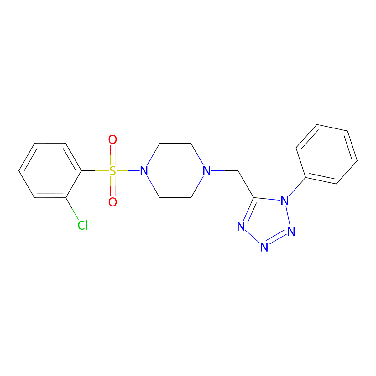 1-((2-chlorophenyl)sulfonyl)-4-((1-phenyl-1H-tetrazol-5-yl)methyl)piperazine molecular structure, CAS 1040679-94-4