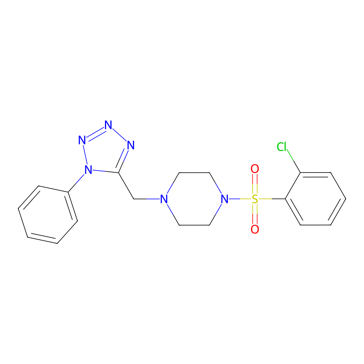 1-((2-chlorophenyl)sulfonyl)-4-((1-phenyl-1H-tetrazol-5-yl)methyl)piperazine molecular structure, CAS 1040679-94-4